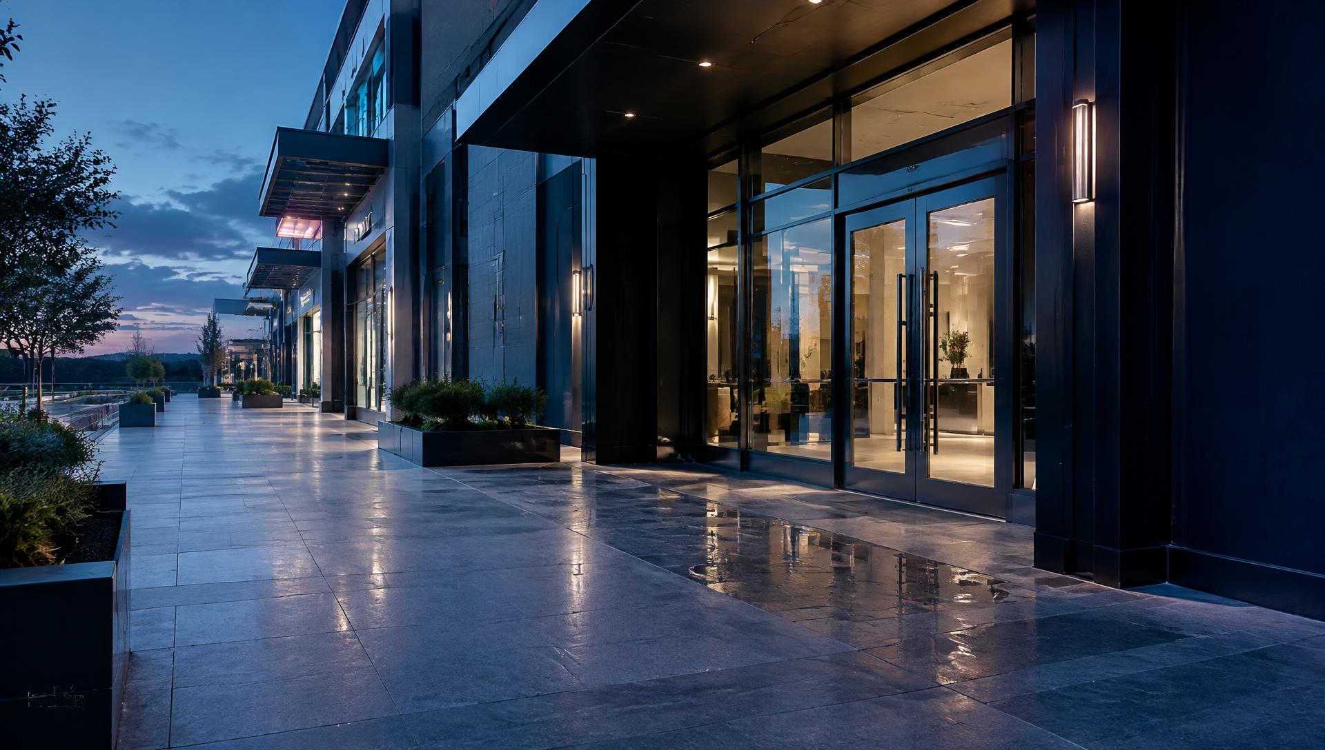 Commercial storefront walkway at dusk with a wet, reflective patch of floor near the entrance